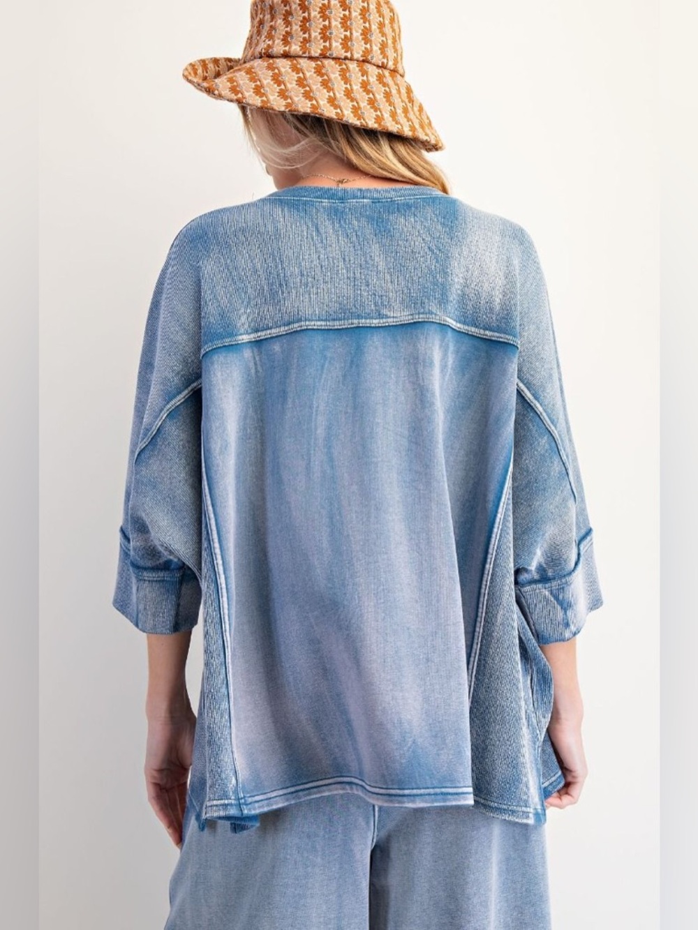 Easel BLUE SET monkey Washed Terry Knit Sweater Wide Leg S M L NWT cotton - Picture 3 of 4